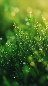 Macro optical study of dewy grass blades in diffuse bokeh field.