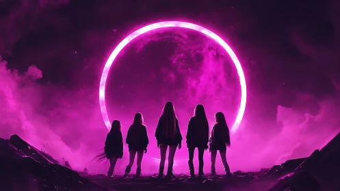 Silhouetted figures confront glowing magenta lunar portal