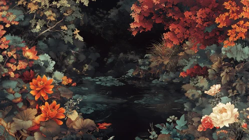 Luminous lilies frame secluded forest pond under autumn canopy
