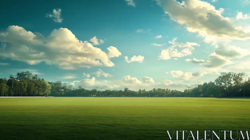 Sunlit open field under drifting afternoon cotton clouds.