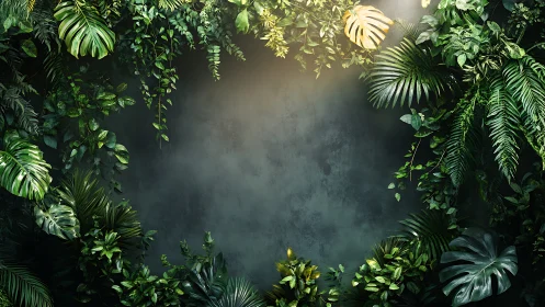 Lush tropical foliage frame with central copy space illumination