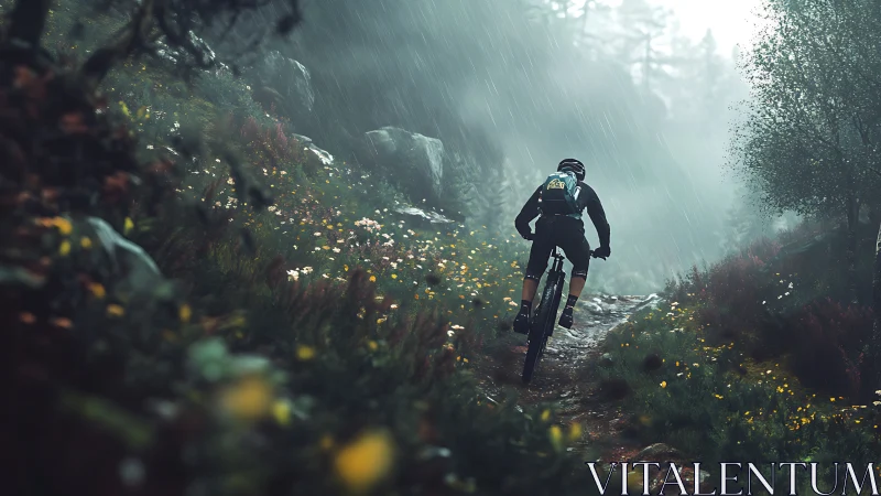 Mountain Biker Navigating Rain-Soaked Forest Trail Through Golden Wildflowers