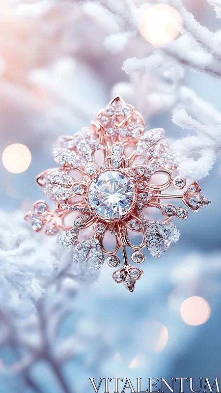 Rose gold diamond snowflake pendant on frosted branch.