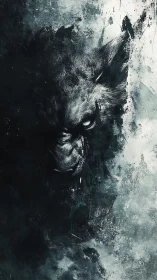 Werewolf head emerges from high contrast abstract darkness
