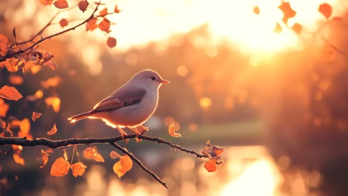 Small bird perched on autumn branch in diffused golden light.