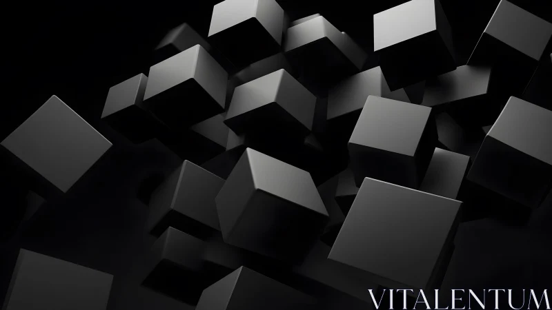 Floating black cubes form dense geometric cluster in darkness
