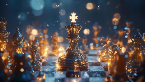 Luminous crystal king amid glittering chess battlefield.