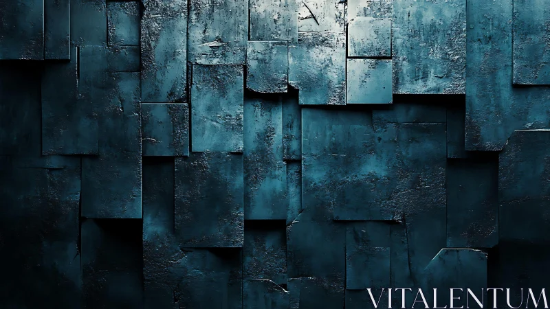 Abstract textured blue geometric wall with layered panels.