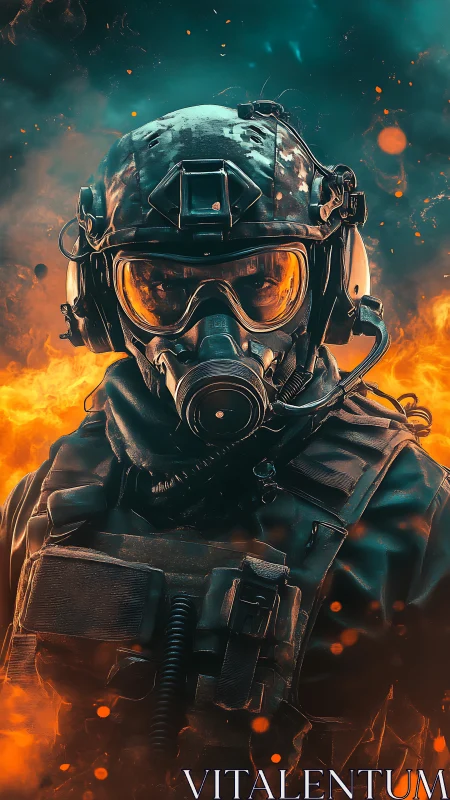 Inferno-hardened operator strides through molten dusk blaze.