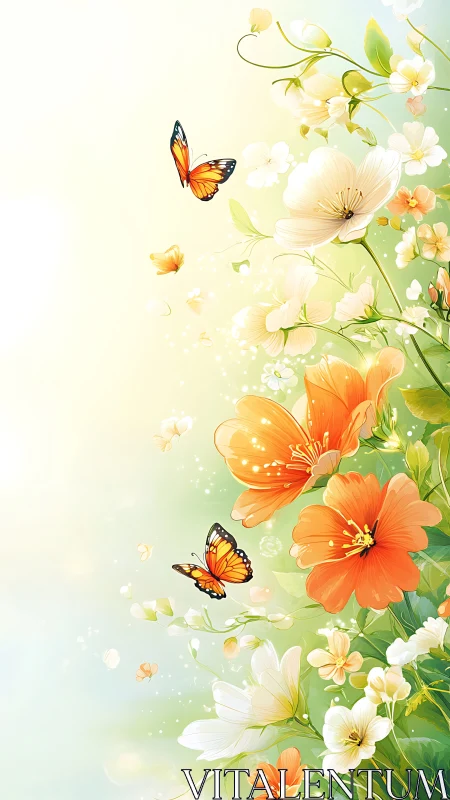 Spring Floral Garden with Monarch Butterflies and Cascading Blooms