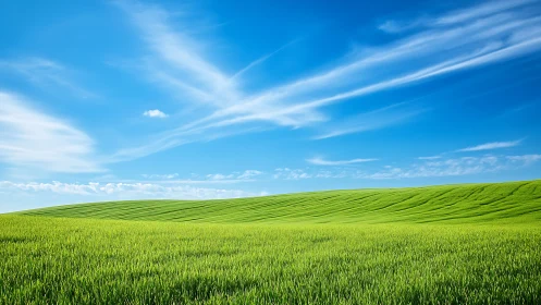 Green rolling field beneath blue sky with thin clouds.