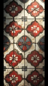 Weathered red floral ceramic tiles in vertical pattern.