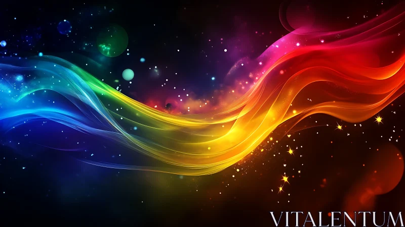 Curved rainbow light trails arc across a dark starry background