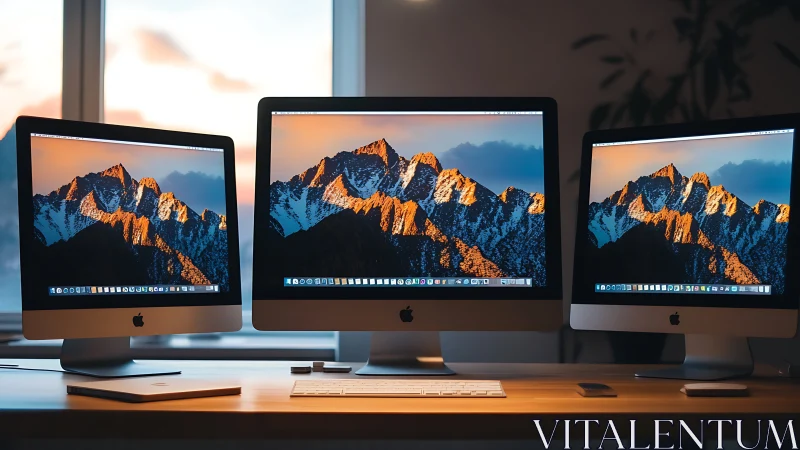 Triple iMac sunrise summit on a quietly focused desk.