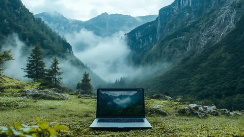 Laptop blends digital focus with misty alpine valley backdrop.