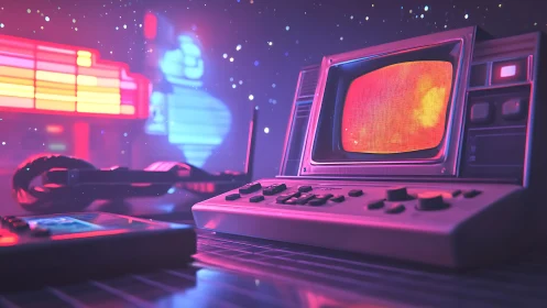 Retro neon computer glows in a dreamy cyber arcade night