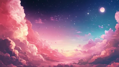 Digital sky illustration with nebula clouds and distant moon.