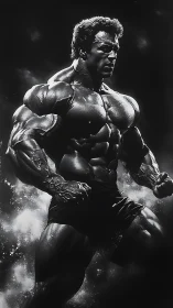 Muscular male figure rendered in high contrast monochrome