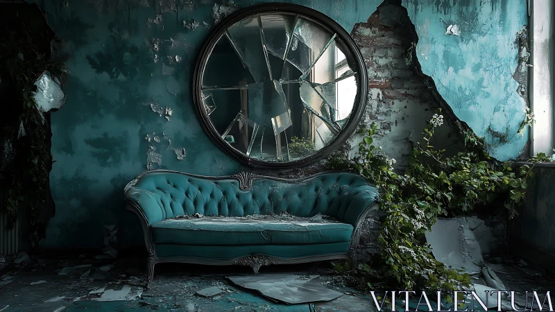 Decayed teal salon with shattered mirror and invasive foliage.