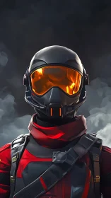 Futuristic soldier in red armor with reflective visor.