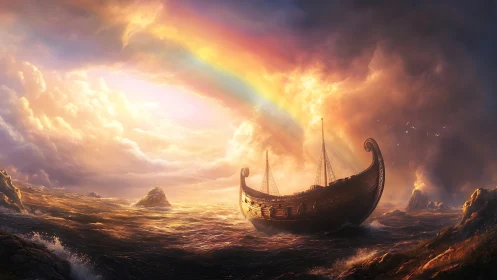 Viking longship under refracted stormlight and spectral arc.