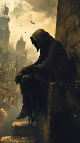 Hooded sentinel on ruined citadel ledge in burnt ochre fog