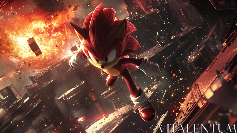 Red anthropomorphic hedgehog traverses collapsing cityscape