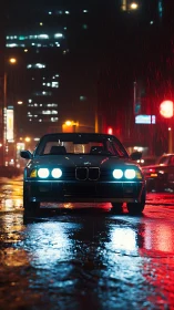 Midnight city rain welcomes a classic car with bright lights