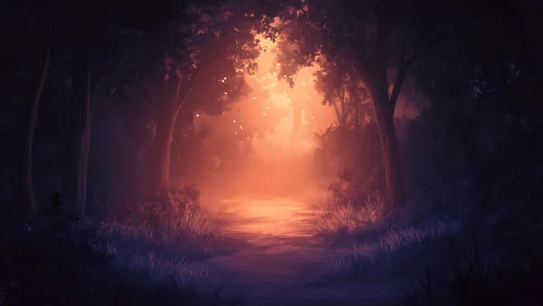 Forest pathway with glowing orange light breaking through canopy
