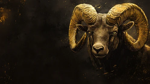 Golden horned ram portrait on dark textured background.
