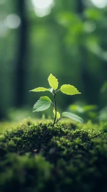 Young seedling with luminous foliage emerging from moss substrate.