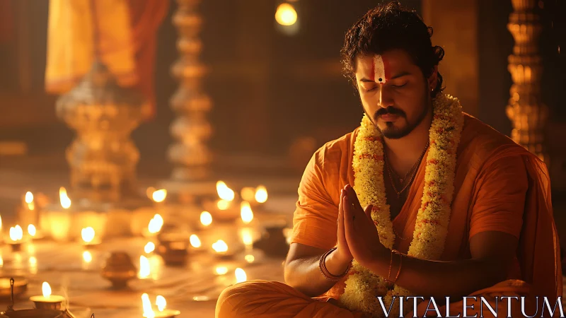 Incense-lit temple meditation with focused devotional posture.