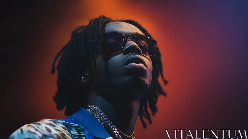 Low-angle portrait uses rim lighting and warm bokeh gradient background