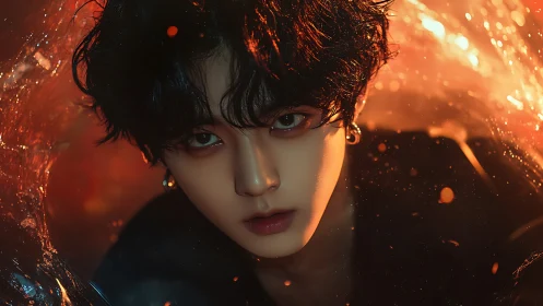 Digital portrait of youth with dark hair and orange light.