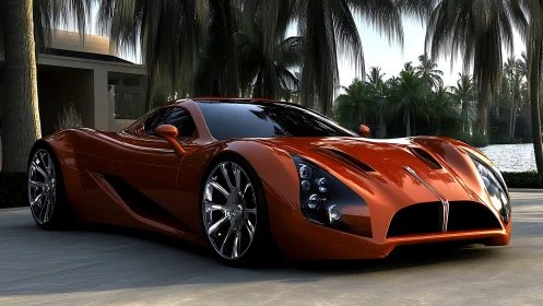 Sunlit metallic supercar before tropical waterfront residence.