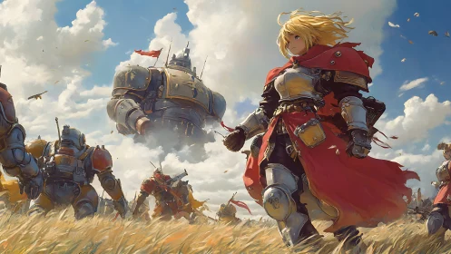 Armored soldier with mechs advancing through open field.