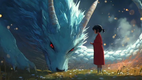 Child in red confronts colossal ice dragon in luminous field