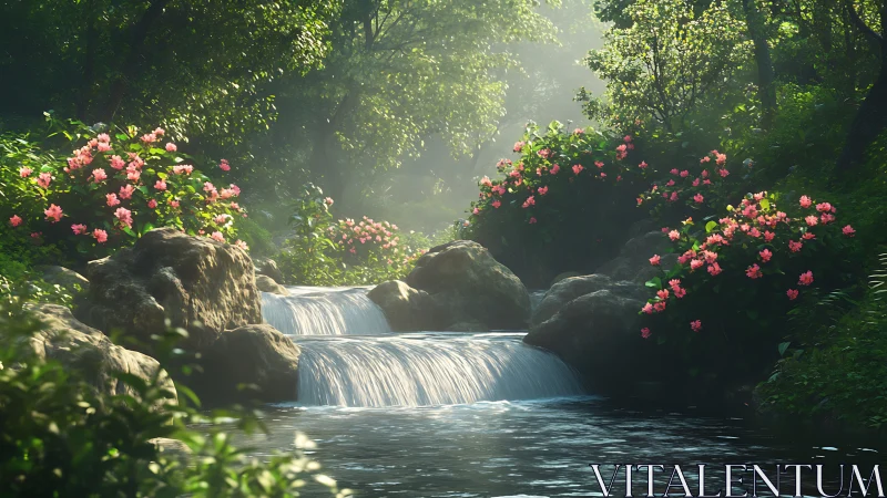 Whispering garden cascade under rosy flowering guardians.