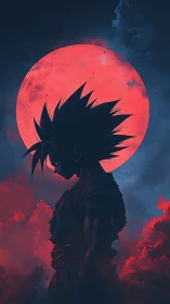 Lone spiky warrior silhouetted against a bleeding moon.
