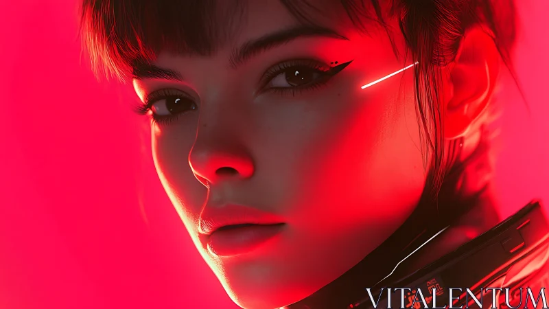 Neon-lit cyberpunk portrait of woman in intense red glow.