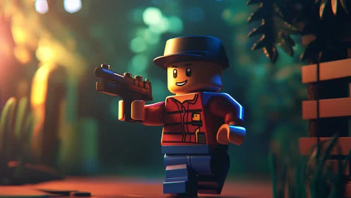 Lego minifigure holds toy rifle while walking through forest