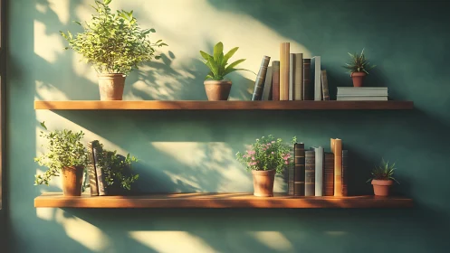 Sunlit wooden wall shelves balance books and potted plants