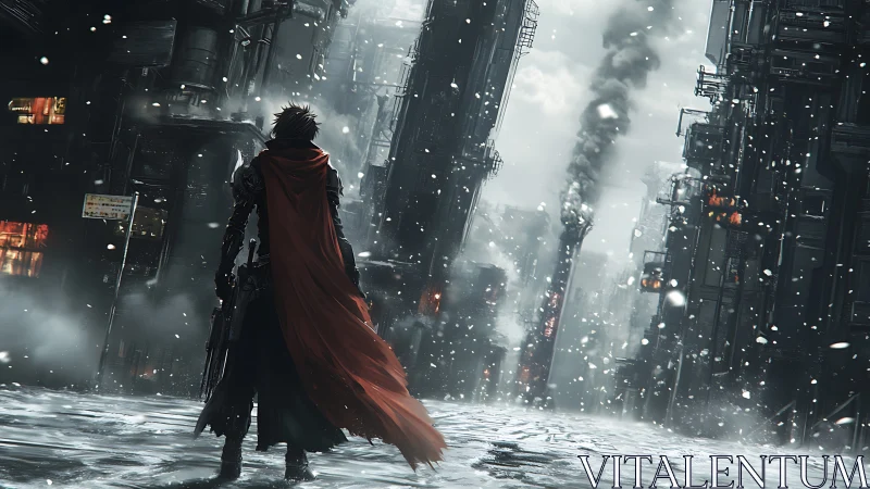 Lone warrior in snowbound industrial ruin, crimson cloak billows.