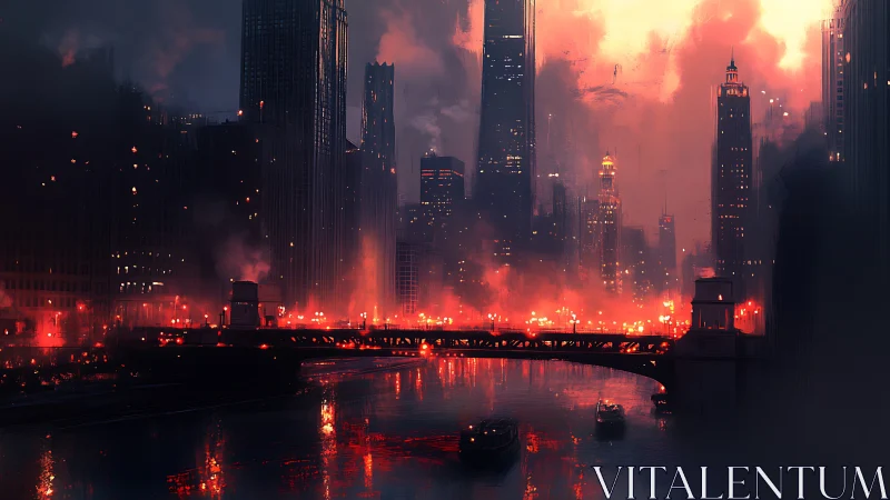 Fiery cyberpunk skyline engulfs a riverfront bridge at dusk.