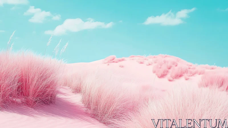 Pink dune grasses rise under clear cyan sky in daylight