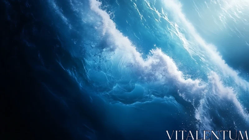 Dynamic close-up of crashing blue ocean wave in motion.