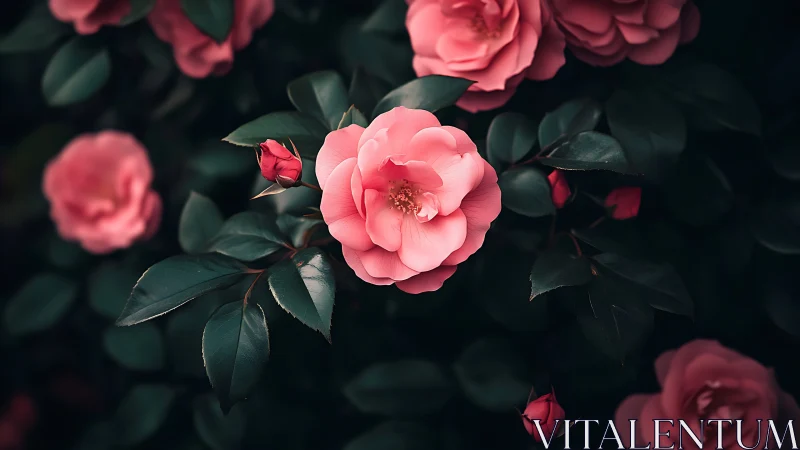 Pink garden roses on dark foliage background.