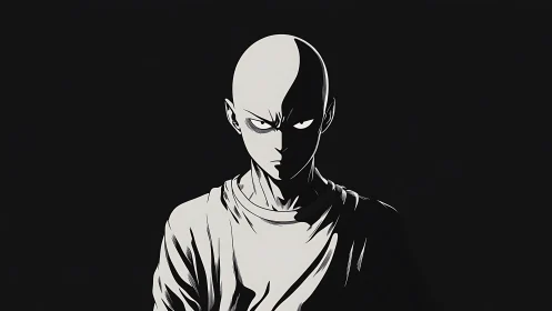 Bald anime figure in stark front view against black field.