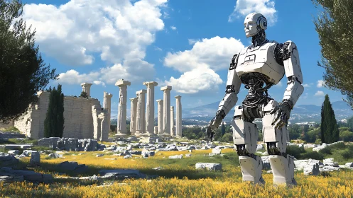 Humanoid inspection robot in sunlit classical temple ruins
