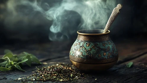 Ornate brass teacup holds steaming herbal infusion on wood